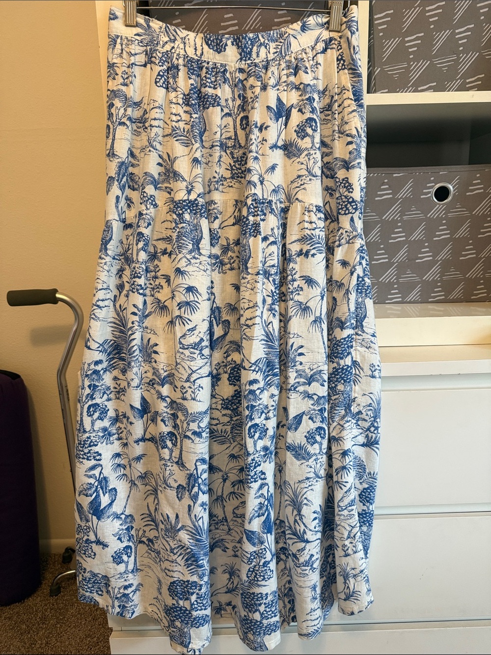 Linen Blue & White Tropical-Print Maxi Skirt — Women's Flowy Summer Skirt